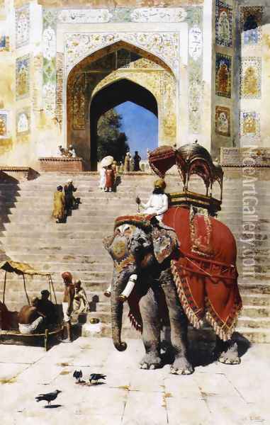 Royal Elephant At The Gateway To The Jami Masjid Mathura Oil Painting - Edwin Lord Weeks