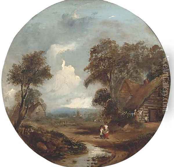 Figures outside a thatched cottage, children playing next to a stream nearby Oil Painting - Richard Hilder