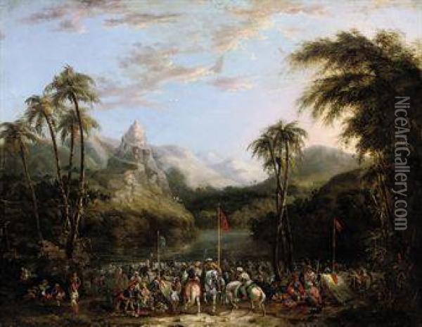 A Meeting Of Rajahs In The Punjab Hills Oil Painting - James Atkinson
