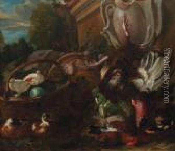 A Dead Turkey Hanging On A Rope 
From A Sculpted Cartouche On Apedestal With A Cabbage, A Dead Hen, 
Ducks, Pumpkins And Doves In Abasket By Upturned Garden Ornaments In A 
Landscape Oil Painting - Candido Vitali