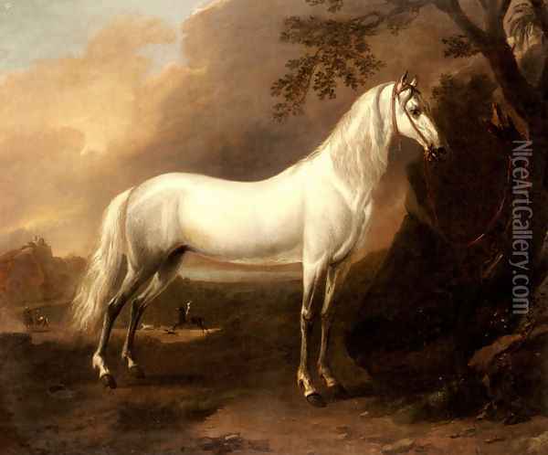 A Grey Arab Stallion In A Landscape Oil Painting - Jan Wyck