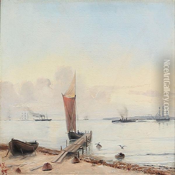 Coastal Scene On A Quiet Summer Day Oil Painting - Johann Adolf Kittendorff
