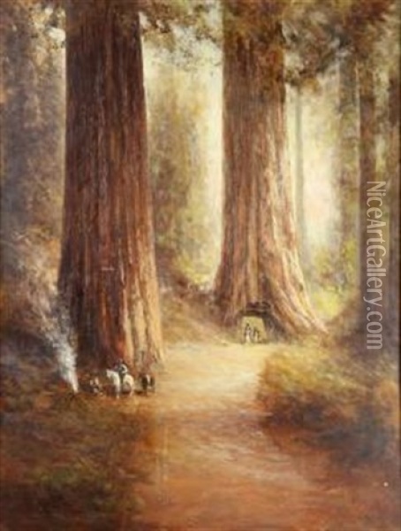 Figures Camping Amongst The Redwoods Oil Painting - Thomas Virgil Troyon Hill