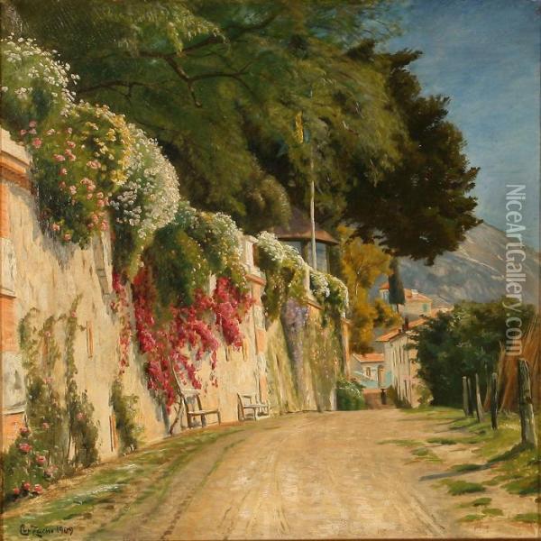 Summer Day With Colourful Flowers Growing Over A Wall Oil Painting - Christian Zacho