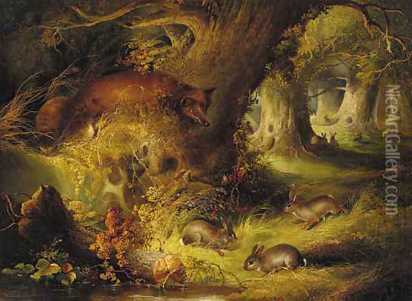 A fox with rabbits in a wood Oil Painting - George Armfield