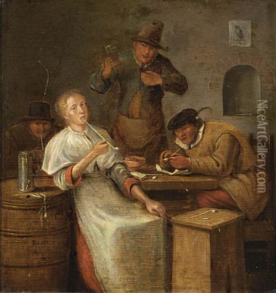 Peasants Drinking And Smoking In An Interior Oil Painting - Franciscus Carree