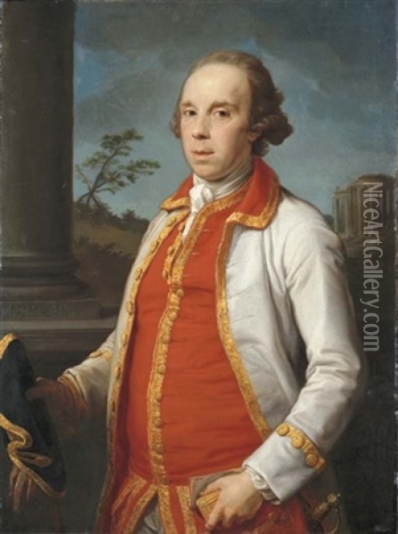 Portrait Of Robert Udny, Half-length, In A Gold-trimmed Coat, Holding A Hat And Gloves In His Right Hand, The Temple Of The Sybil At Tivoli Beyond Oil Painting - Pompeo Girolamo Batoni