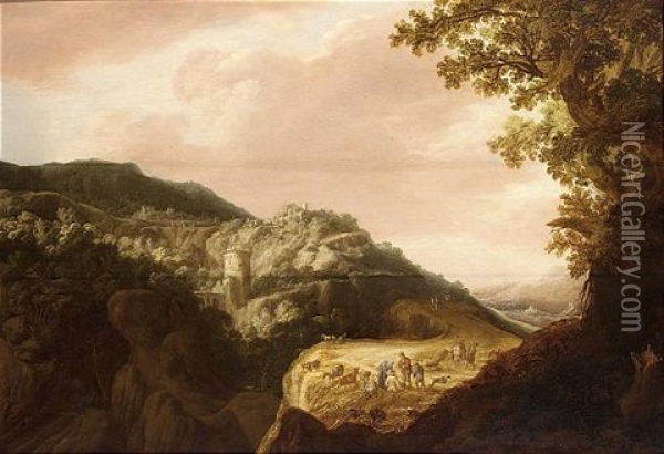 An Extensive Italianate Hilly Landscape With Shepherds Resting With Their Herd On A Path, A View Of A Town Beyond Oil Painting - Pieter Anthonisz van Groenewegen