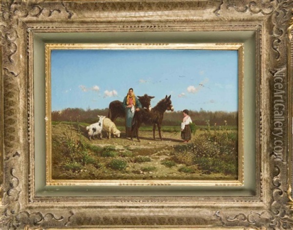 Bauerin Mit Kind, Zwei Eseln Und Schafen In Suditalienischer Landschaft Oil Painting - Giuseppe Laezza