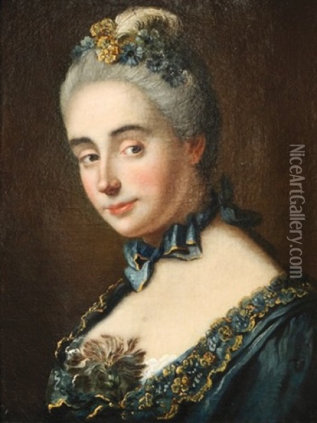 Portrait De Femme En Buste A La Robe Bleue Et Au Noeud Oil Painting - Marianne Loir