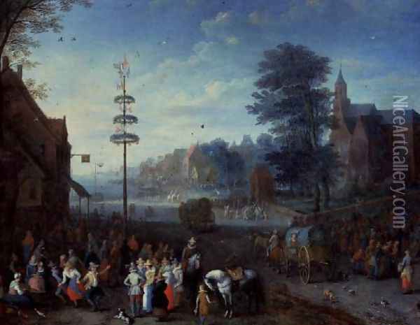 Village kermesse with villagers dancing round a maypole and travellers on a road Oil Painting - Joseph van Bredael