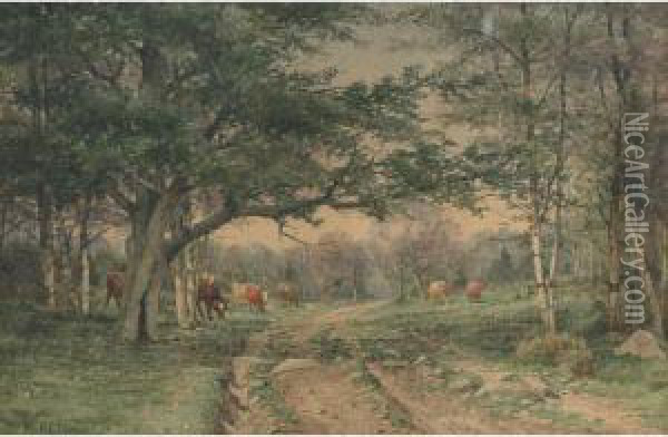 Cows Grazing By A Woodland Path Oil Painting - Charles Franklin Pierce