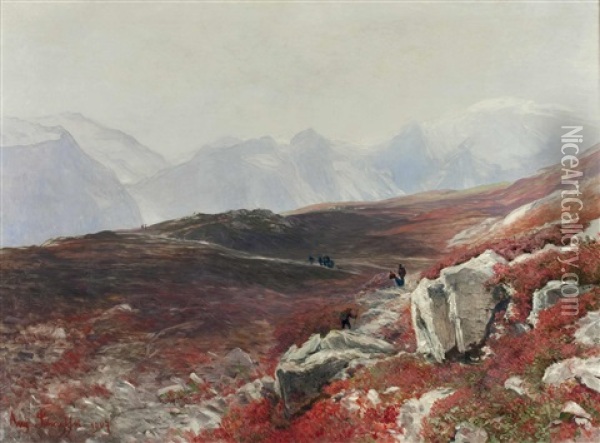 Bluhende Alpenrosen Im Hochgebirge Mit Wanderern Oil Painting - August Schaefer von Wienwald