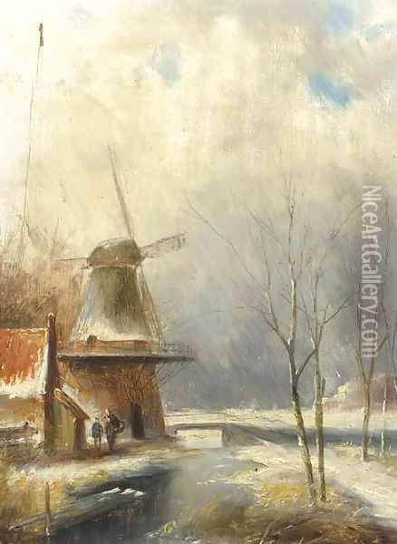 A winter landscape with peasants conversing by a windmill Oil Painting - Jan Evert Morel