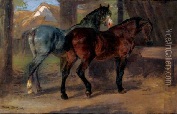 Two Horses In A Stable Oil Painting - Rosa Bonheur