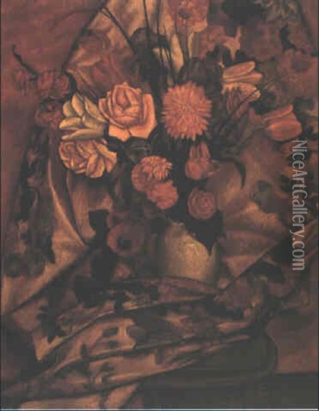 Flowers And Chintz Oil Painting - Mark Gertler