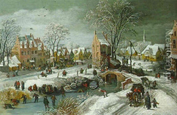 A Village In Winter Oil Painting - Joos de Momper the Younger