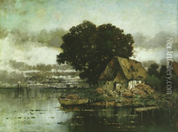 A River Landscape With A Cottage And A Dinghy Moored In The Foreground Oil Painting - Karl Heffner