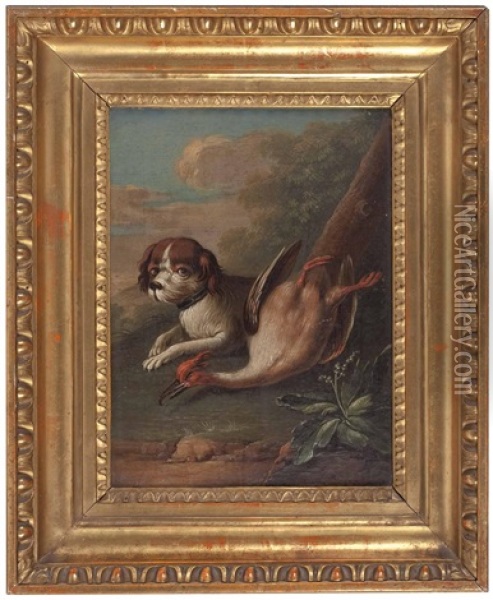 Hund Bewacht Toten Hasen Vor Landschaftskulisse (+ Hund Bewacht Wildvogel Vor Landschaftskulisse; Pair) Oil Painting - Philipp Ferdinand de Hamilton