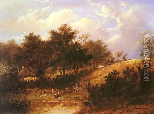 Landscape with figure resting beside a pond Oil Painting - Joseph Thors