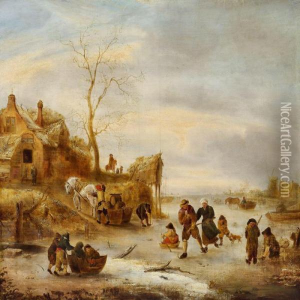 Skaters In A Dutch Winter Landscape Oil Painting - Isaack Jansz. van Ostade