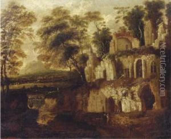 An Italianate Landscape With 
Figures Resting Near An Overgrown Ruin, A River And Town In The Distance Oil Painting - Bartholomeus Breenbergh
