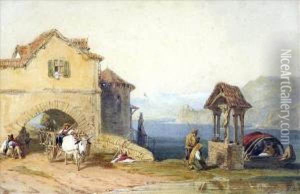 Thewayside Shrine, An Italian Lake Scene With Figures And Ox Cart Oil Painting - William Collingwood Smith