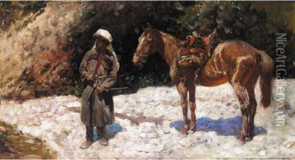 Cossack Leading His Horse Oil Painting - Franz Roubaud