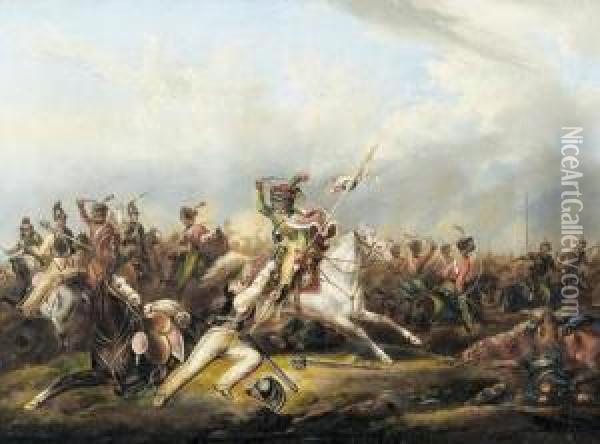 Schlachtenszene Aus Den Napoleonischen Kriegen. Oil Painting - Jean-Henri Decoene