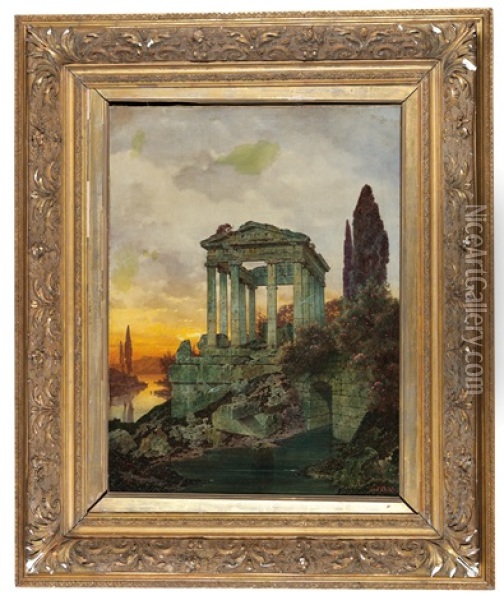 Southern Landscape With Classical Ruins Oil Painting - Ferdinand Knab