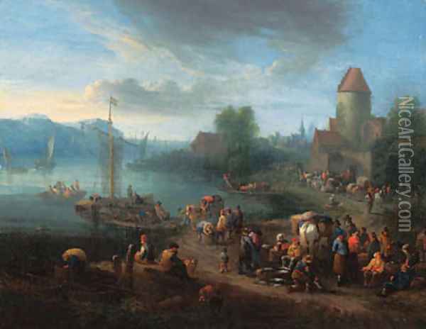 A port on an estuary with fishermen unloading their catch Oil Painting - Theobald Michau