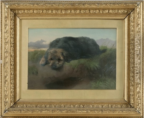 A Terrier On A Grassy Knoll Oil Painting - George William Horlor