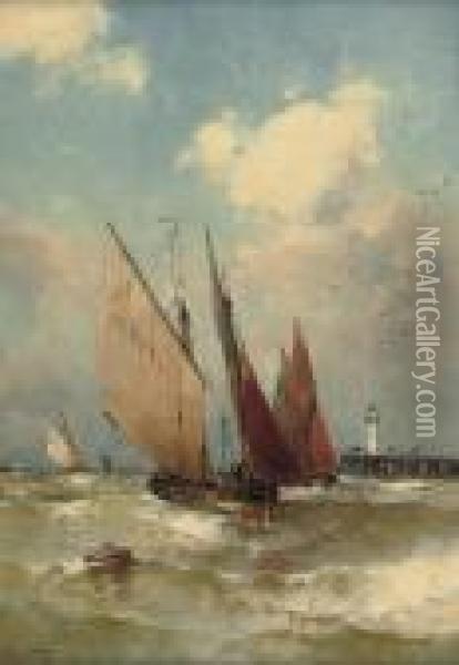 Fishing Smacks Sailing Out Of Harbour Oil Painting - Theodor Alexander Weber