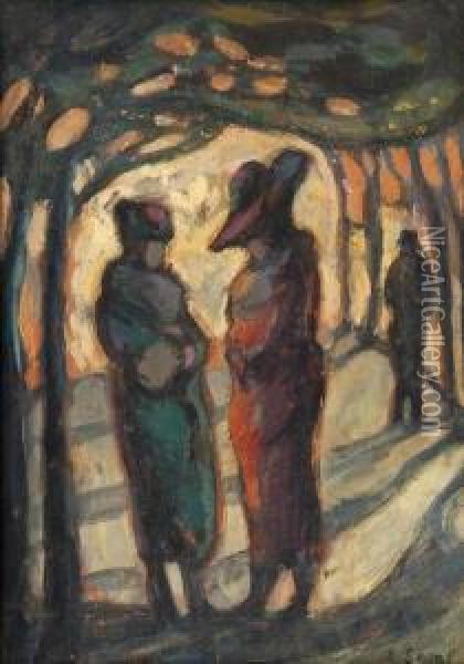Figures In A Wooded Park Oil Painting - Arthur Segal