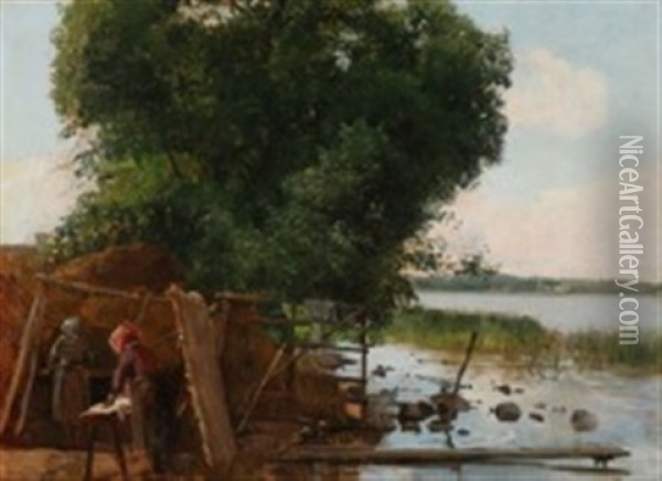 Laundresses Working Near The Lakeshore Oil Painting - Edvard Frederik Petersen