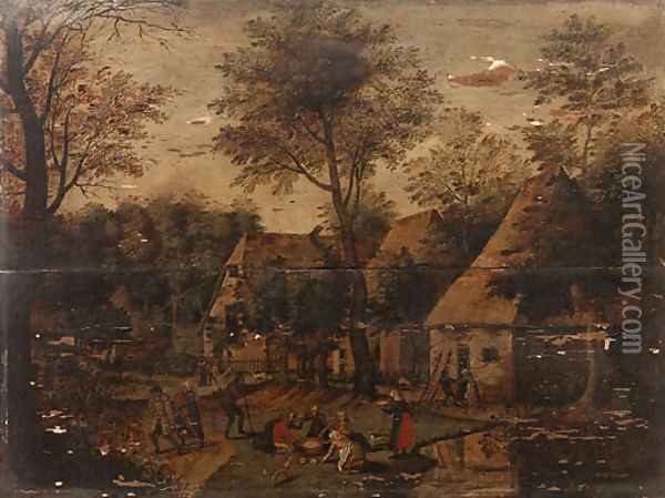 A wooded Landscape with Peasants in a Village Oil Painting - Pieter Breughel II
