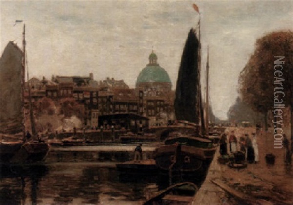Gracht In Amsterdam Oil Painting - Heinrich Hermanns