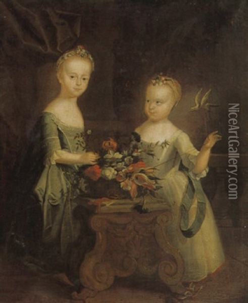 Portrait Of The Crane Sisters In An Interior Wearing Silk Dresses, Playing With A Pet Bird Oil Painting - Thomas Wright