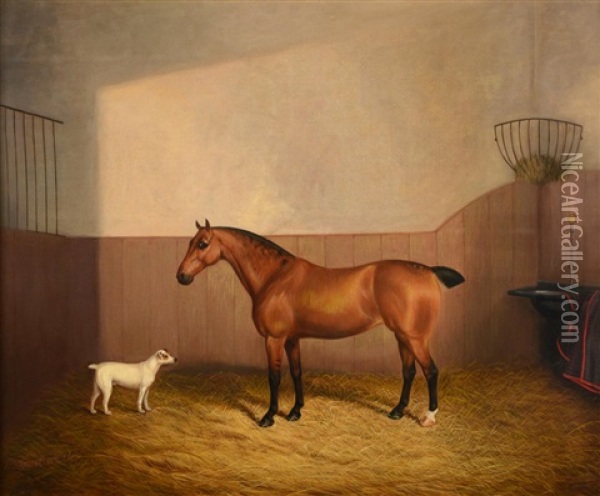A Hunter Standing In A Stable; A Hunter And Terrier Standing In A Stable (2 Works) Oil Painting - Albert Clark