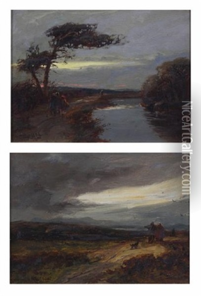 Scotch Express Near Earnforth (+ Canal At Hest Bank; Pair) Oil Painting - William Manners