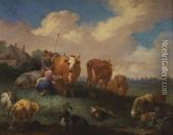 A Milkmaid With A Drover And Cattle In A Landscape Oil Painting - Peeter Bout
