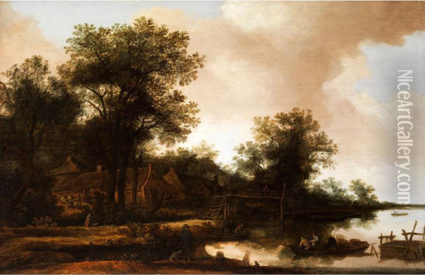 Landschaft Mit Teichufer Und Bauernhausern Unter Hohen Baumen Oil Painting - Pieter De Molijn