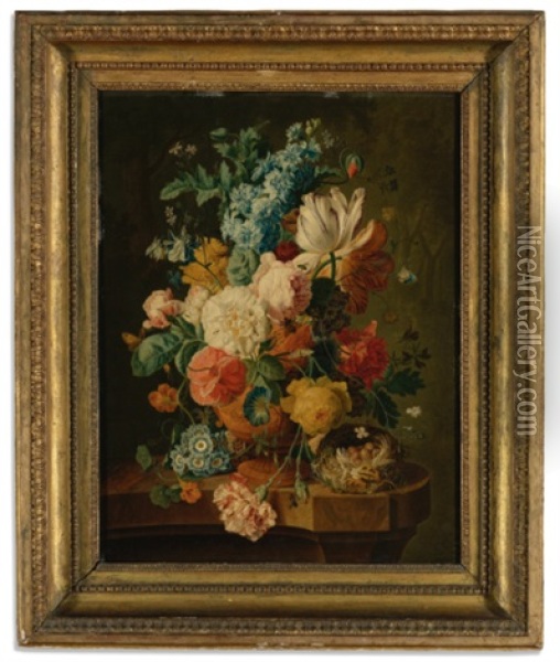 A Still Life With Carnations, Primula, Grapes, Peaches, Plums, Raspberries, Apricots, Maize, Walnuts And Hazelnuts Before An Urn On A Stone Ledge (+ A Still Life With Roses...; 2 Works After Paul Theodor Van Brussel) Oil Painting - Johannes Christianus Roedig