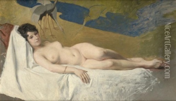 Reclining Nude By An Oriental Screen Oil Painting - Julius LeBlanc Stewart