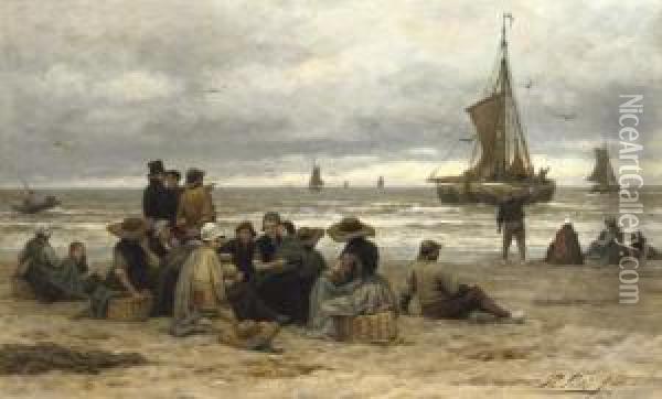 The Arrival Of The Fleet: Fisher-folk On The Beach Oil Painting - Philippe Lodowyck Jacob Sadee