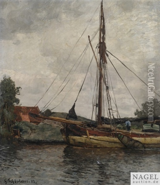 Abgetakeltes Segelschiff Auf Einem Kanal Oil Painting - Gustav Schoenleber