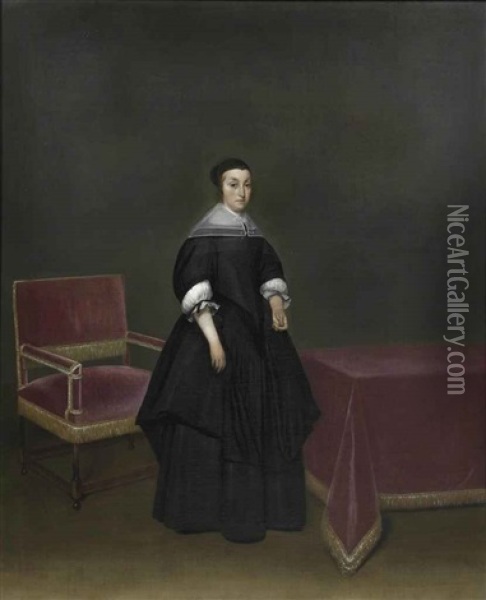 Portrait Of Hermanna Van Der Cruysse In A Black Dress With A White Collar And Cuffs, Standing By A Table And A Chair Oil Painting - Gerard ter Borch the Younger