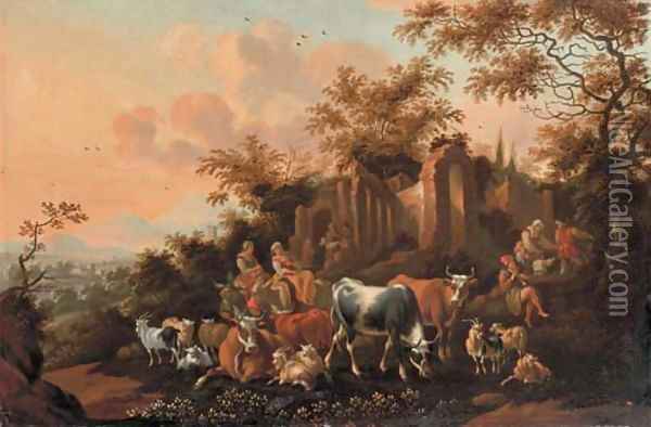 An Italianate landscape with peasants among cows, goats and sheep near a ruin Oil Painting - Nicolaes Berchem