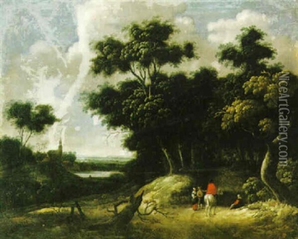 Landskap Med Ryttare Oil Painting - Jacques d' Arthois