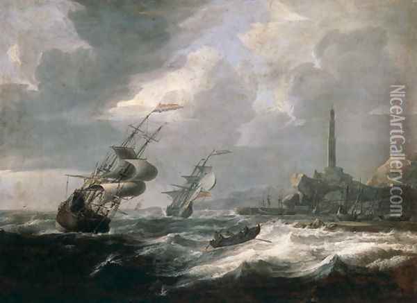 Seascape with lighthouse of Genoa Oil Painting - Jan Theunisz Blanckerhoff